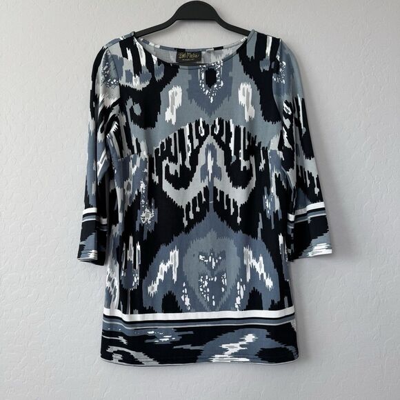 Bob Mackie Tops - Bob Mackie Small Blue Black White Abstract 3/4 Sleeve Tunic‎ Top